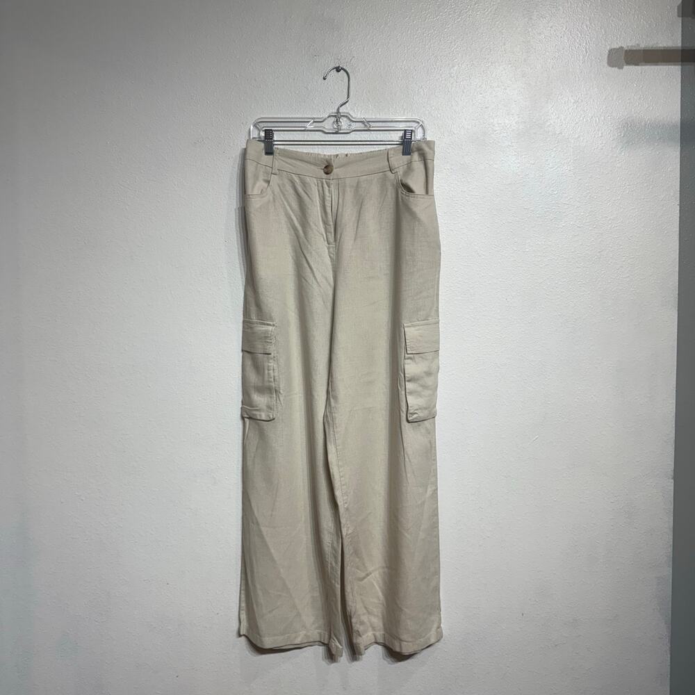 Happily Grey Cream Linen Blend Wide Leg Pants High Rise Flowy Sz L - Picture 2 of 10